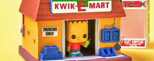 Yellow background featuring The Simpsons Bitty POP! collection